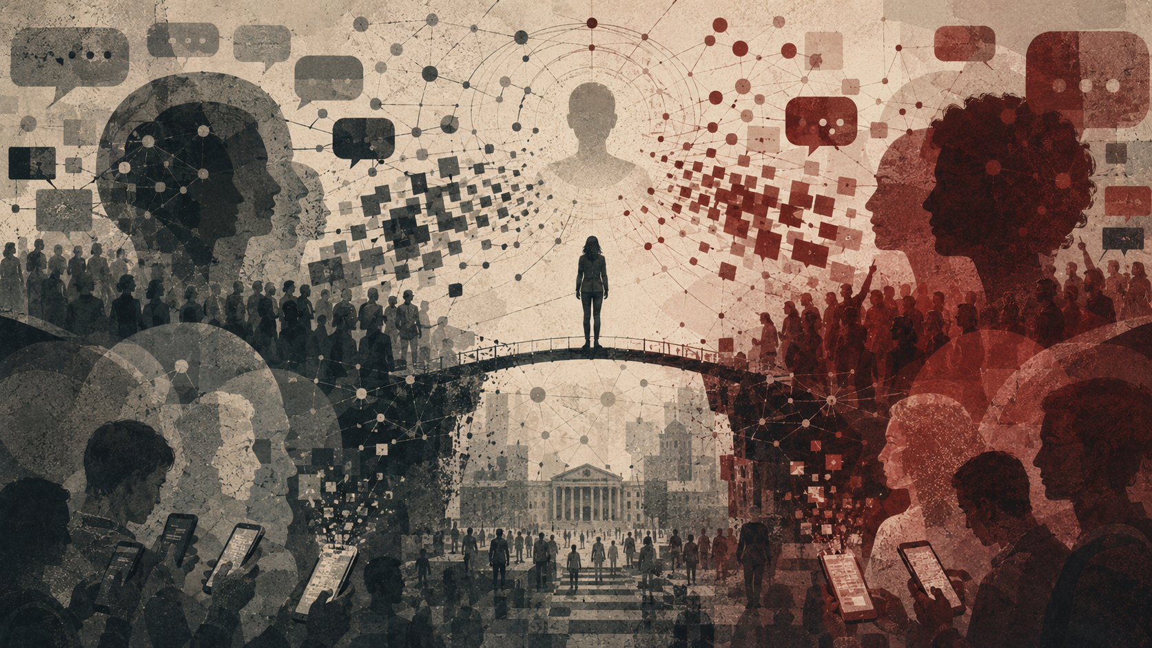 Editorial illustration of social-media outrage, showing divided crowds, smartphone users, speech bubbles, network diagrams, overlapping profiles, message fragments, and a central figure bridging polarized groups.