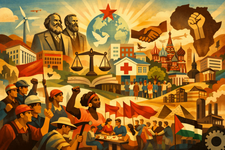 Editorial-style political image showing workers, public institutions, symbolic global solidarity, and collective civic life representing socialism and socialist thought across international traditions