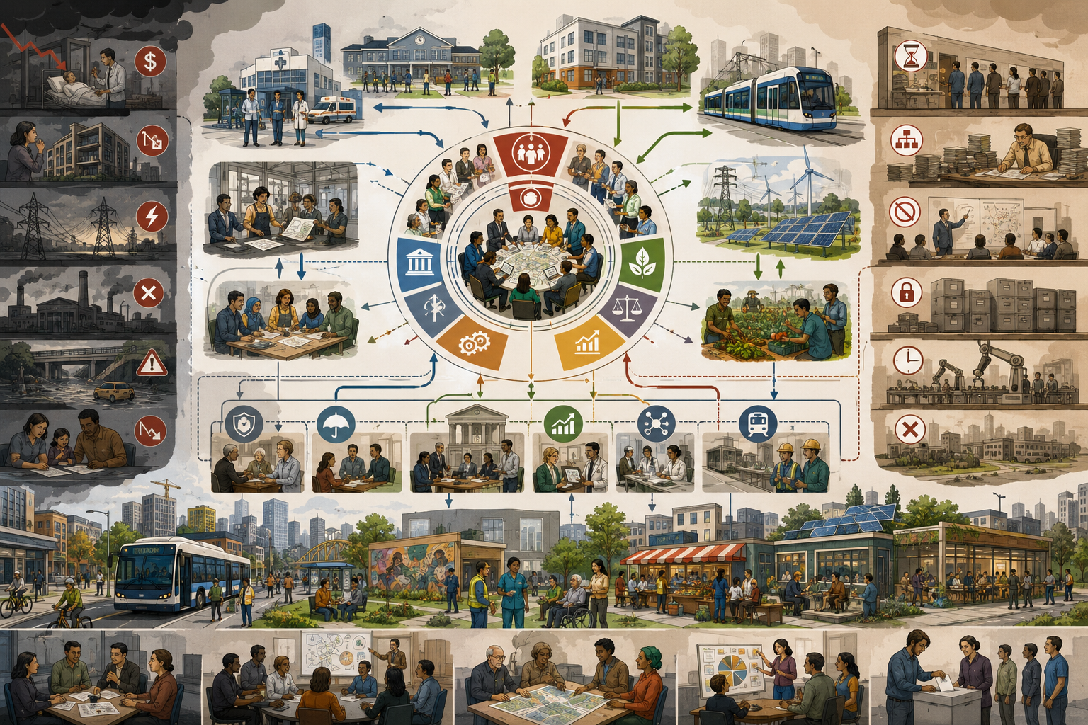 Editorial systems illustration showing socialism, planning, and the mixed economy through public services, markets, social rights, infrastructure, utilities, cooperatives, regulation, democratic planning, and collective provision.