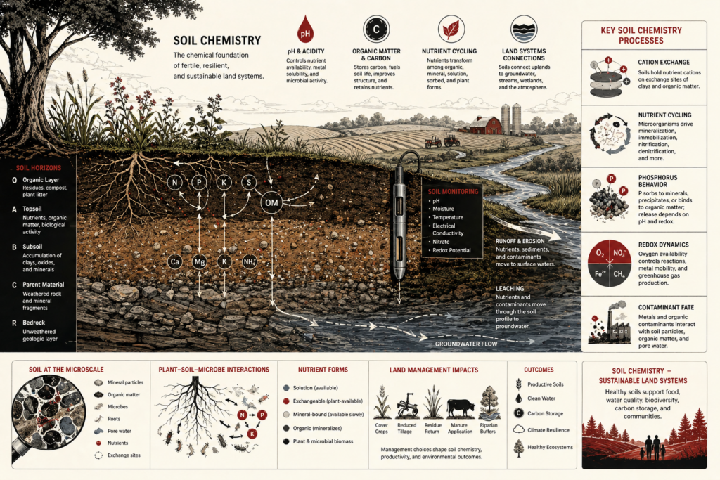 Detailed scientific illustration of soil chemistry showing layered soil horizons, roots, crops, nutrient movement, organic matter, groundwater flow, monitoring probes, land-use systems, and soil-process diagrams in cream, black, white, muted gray, and deep red.
