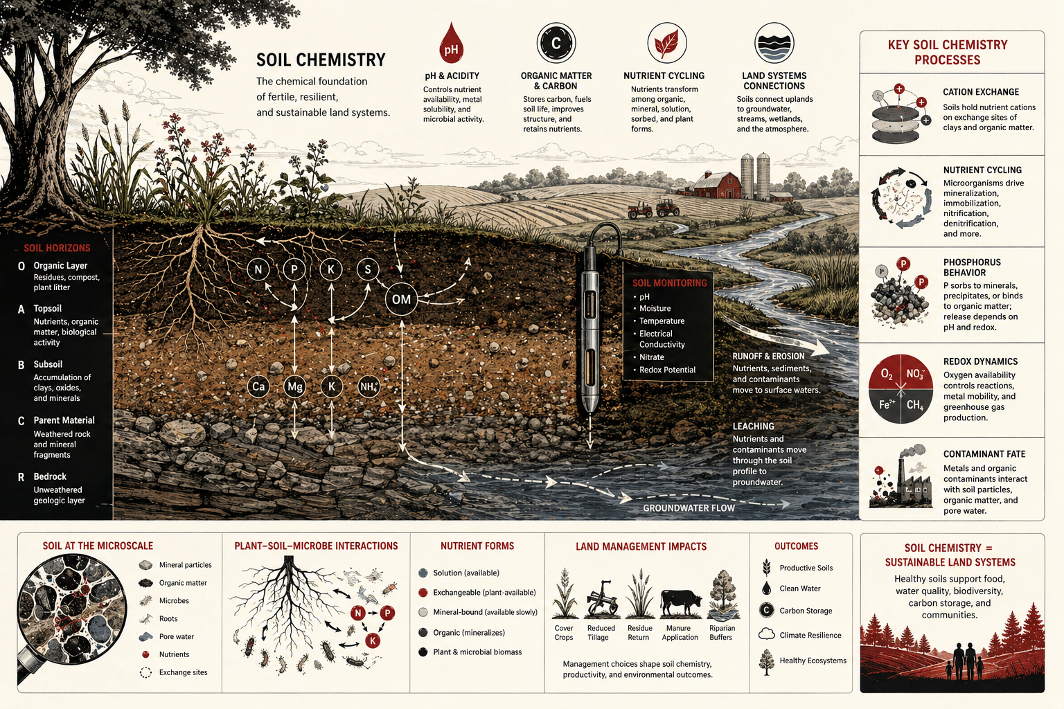Detailed scientific illustration of soil chemistry showing layered soil horizons, roots, crops, nutrient movement, organic matter, groundwater flow, monitoring probes, land-use systems, and soil-process diagrams in cream, black, white, muted gray, and deep red.