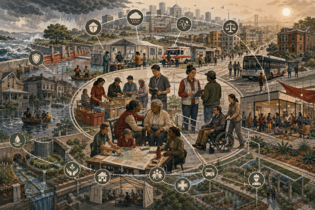 Editorial illustration showing a community responding together to flood, heat, and infrastructure stress through mutual aid, public health support, accessible care, and protective public systems.