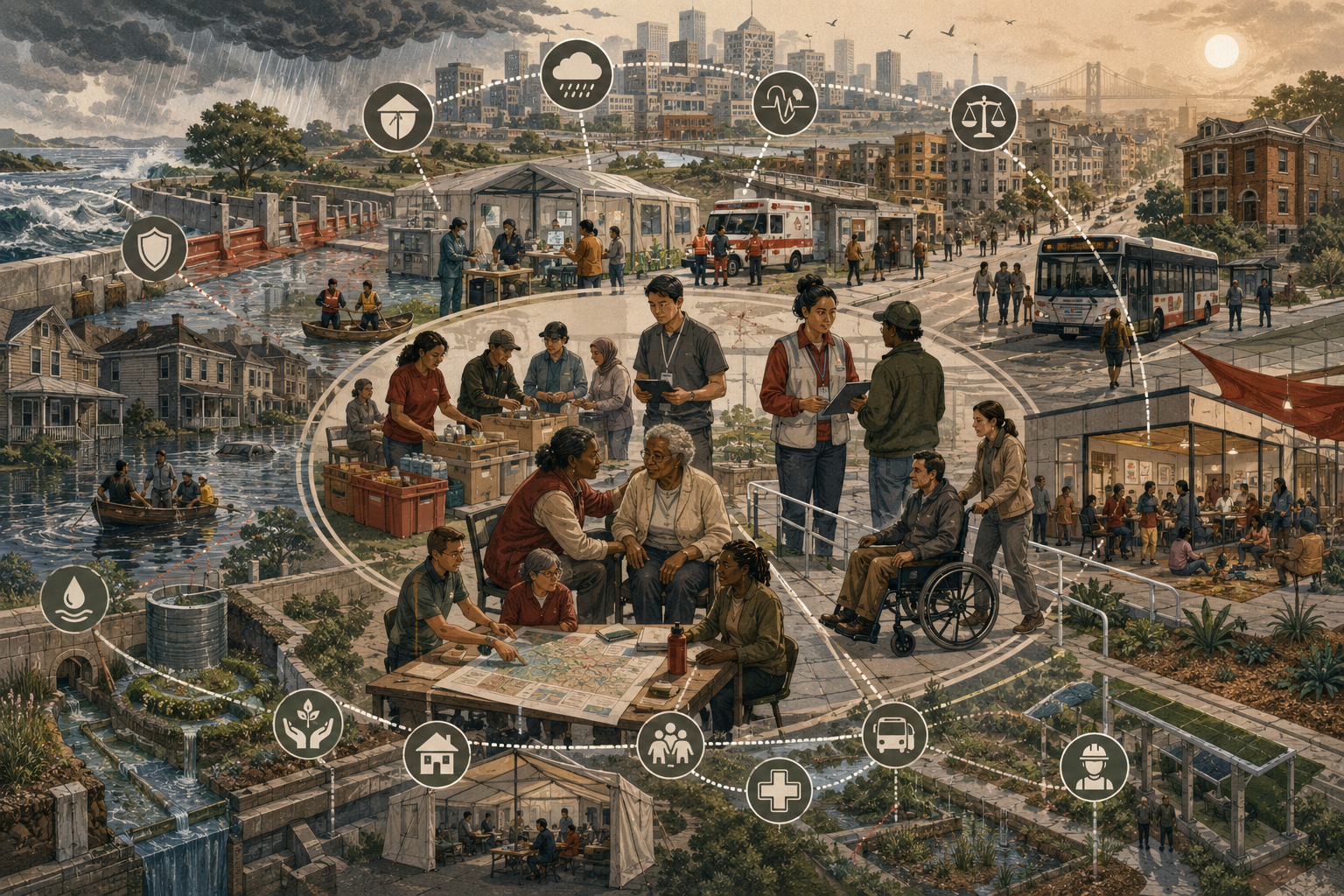 Editorial illustration showing a community responding together to flood, heat, and infrastructure stress through mutual aid, public health support, accessible care, and protective public systems.
