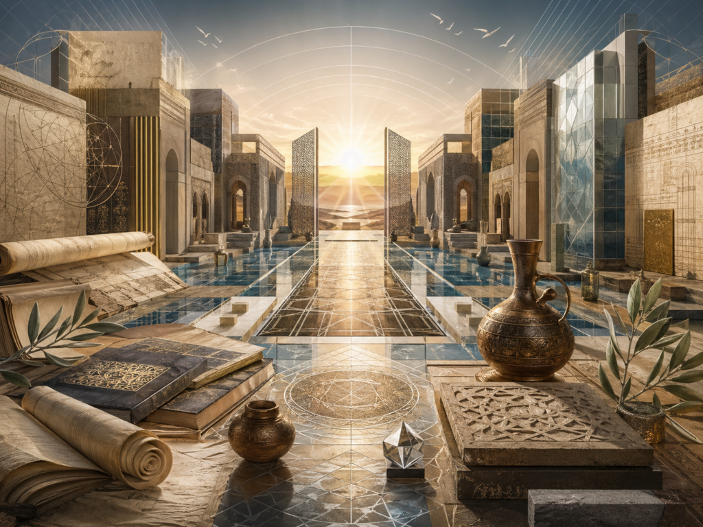 Editorial illustration of Solomon / Sulayman, wisdom, rule, and judgment shown through luminous royal architecture, reflective glass-like surfaces, manuscripts, sacred geometry, vessels, stone forms, and radiant divine guidance.