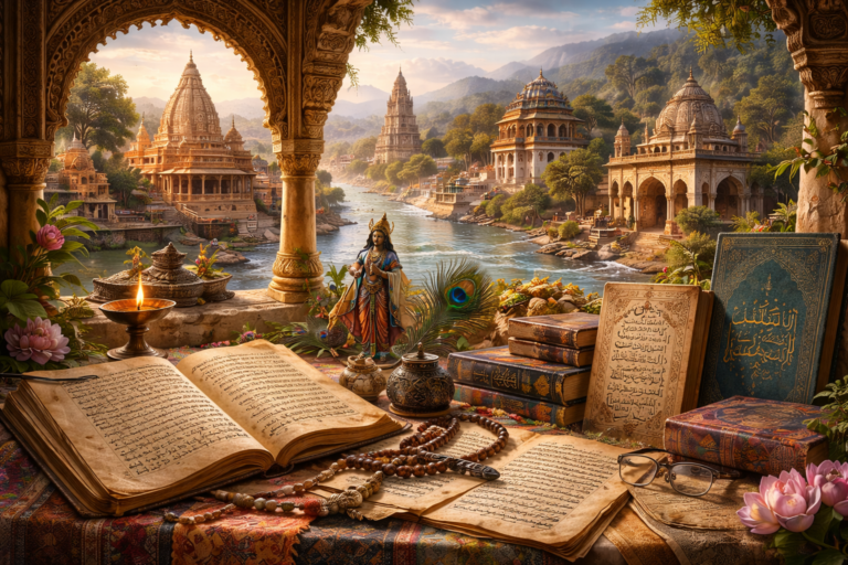 Editorial illustration of South Asian literature and sacred memory featuring manuscripts, temple and shrine architecture, sacred river landscapes, devotional objects, and layered literary traditions