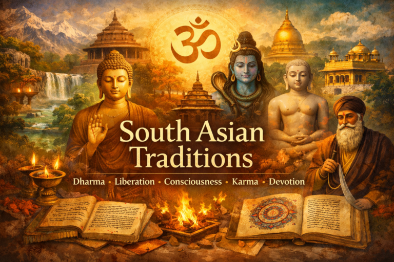 Symbolic scene featuring sacred architecture, manuscripts, ritual fire, and representative figures from South Asian religious traditions.