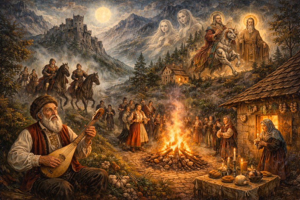 Editorial illustration of South Slavic mythic and folkloric worlds featuring a guslar with a stringed instrument, heroic riders in the Balkan mountains, village ritual around a fire, candlelit household devotion, saintly figures above a mountain monastery, and spectral female spirits in the mist