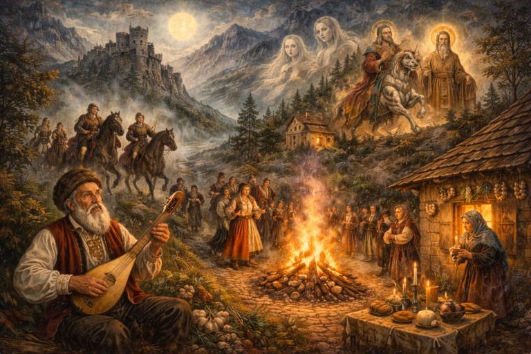 Editorial illustration of South Slavic mythic and folkloric worlds featuring a guslar with a stringed instrument, heroic riders in the Balkan mountains, village ritual around a fire, candlelit household devotion, saintly figures above a mountain monastery, and spectral female spirits in the mist