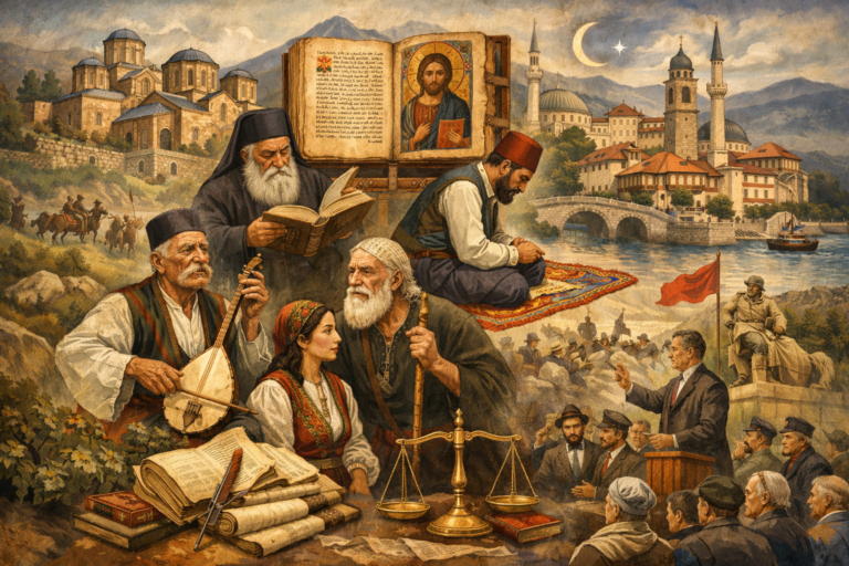 Editorial illustration of South Slavic intellectual worlds featuring monasteries, manuscripts, an icon, a Muslim scholar at prayer, an epic singer, village and urban Balkan architecture, a political assembly, scales of justice, and layered mountain and Adriatic landscapes