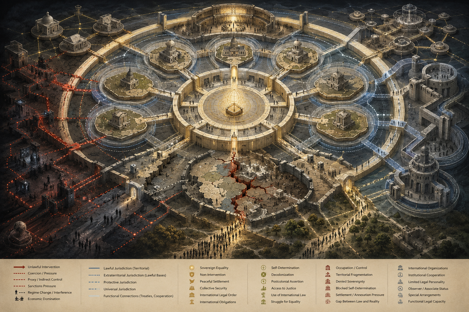 Abstract legal-studies illustration of sovereignty, jurisdiction, and non-intervention in international law, showing territorial authority, sovereign equality, jurisdictional competence, lawful restraint, coercion, occupation, and selective enforcement.