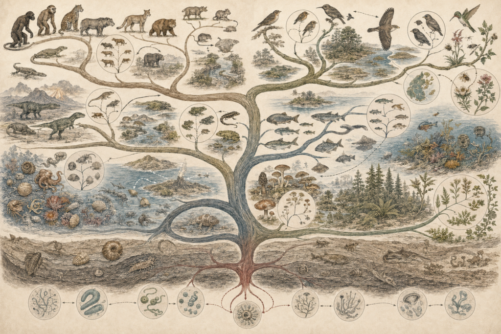 Research-grade evolutionary biology illustration showing a branching tree of life with mammals, birds, reptiles, amphibians, fish, invertebrates, plants, fungi, microbes, marine ecosystems, terrestrial habitats, fossils, and subtle speciation pathways.