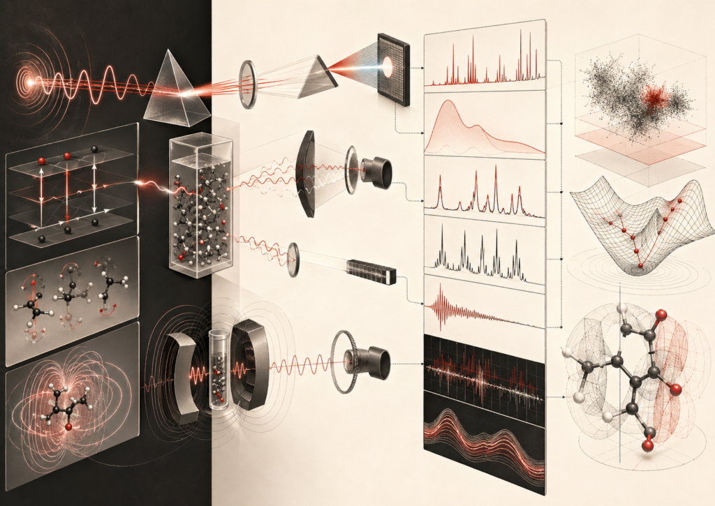 Abstract editorial scientific illustration showing spectroscopy as a workflow from radiation interacting with molecular samples to spectral signals, instrument pathways, data processing, and structural interpretation.