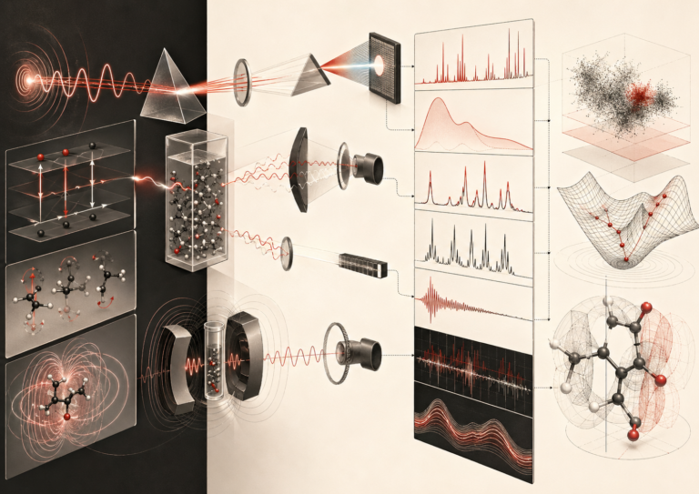 Abstract editorial scientific illustration showing spectroscopy as a workflow from radiation interacting with molecular samples to spectral signals, instrument pathways, data processing, and structural interpretation.