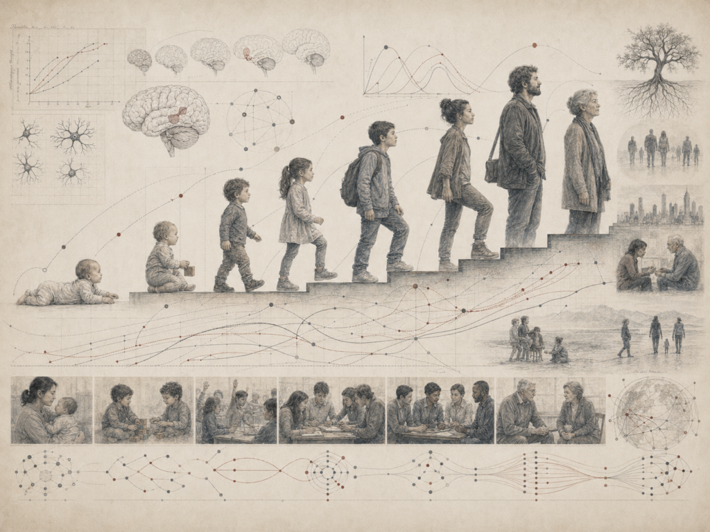 Research-grade illustration of stage theories of development, showing people progressing across the lifespan, stepped developmental pathways, brain maturation, growth curves, social contexts, and alternative nonlinear developmental trajectories.