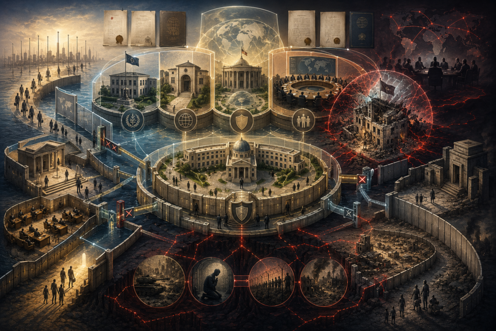 Abstract legal-studies illustration of state immunity, diplomatic immunity, consular immunity, and official-function protection in international law, showing protected premises, jurisdictional barriers, accountability tensions, inviolability, selective enforcement, and impunity.