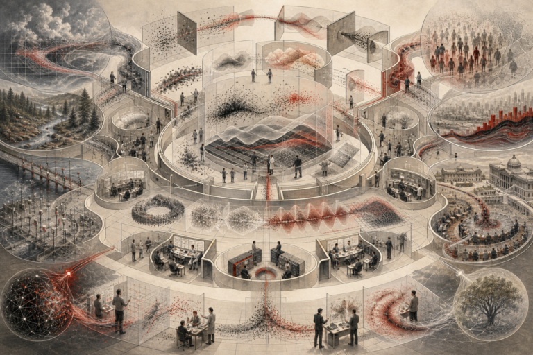 Editorial scientific illustration of statistics for systems modeling as an evidence-and-uncertainty architecture, showing data fields, measurement systems, sampling pathways, distribution clouds, uncertainty bands, regression surfaces, model diagnostics, resampling loops, forecasting structures, ecological monitoring, infrastructure sensors, climate data streams, public-policy evaluation, and responsible statistical interpretation.