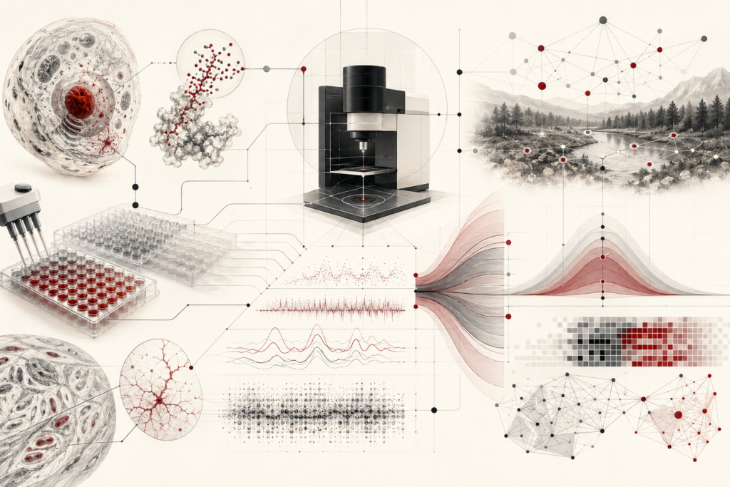 Abstract scientific illustration of statistics, uncertainty, and measurement in biology showing cells, molecular signals, assay wells, calibrated instruments, ecological sampling points, uncertainty bands, distributions, biological networks, and computational data patterns without text or labels.
