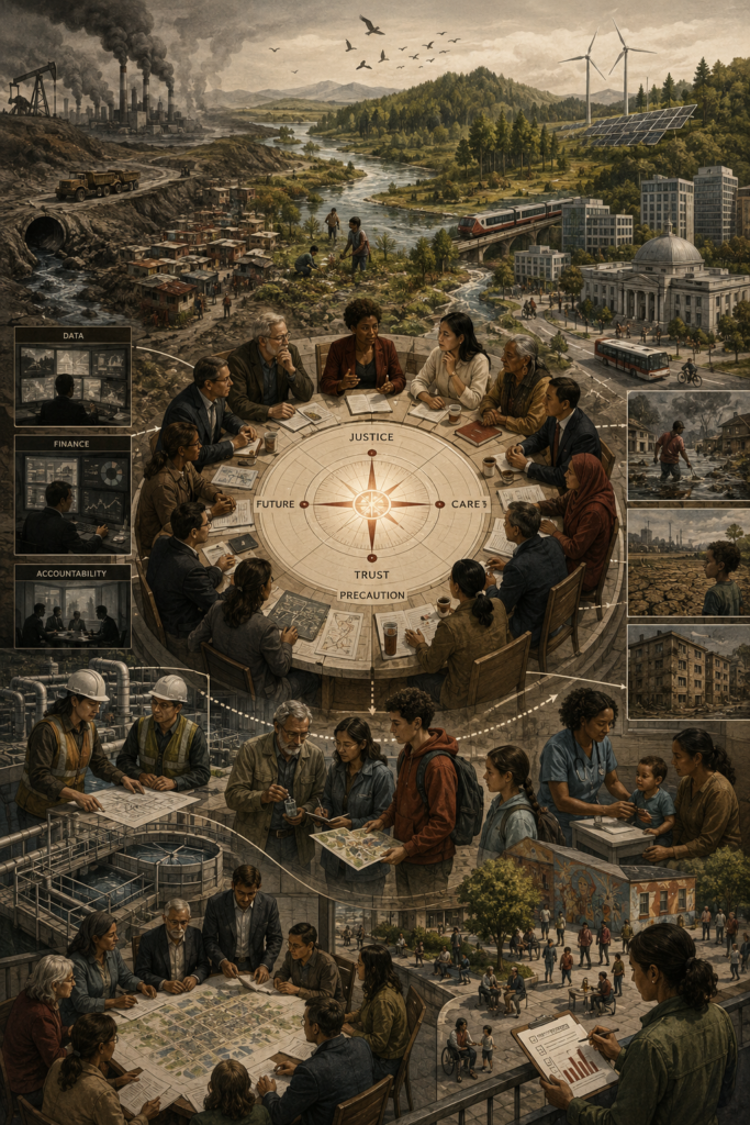 Editorial sustainability illustration showing a civic forum centered on an ethical compass, with community members, public officials, engineers, scientists, caregivers, young people, polluted landscapes, renewable energy, public institutions, infrastructure, and ecological restoration representing stewardship, justice, care, trust, precaution, and responsibility to future generations.