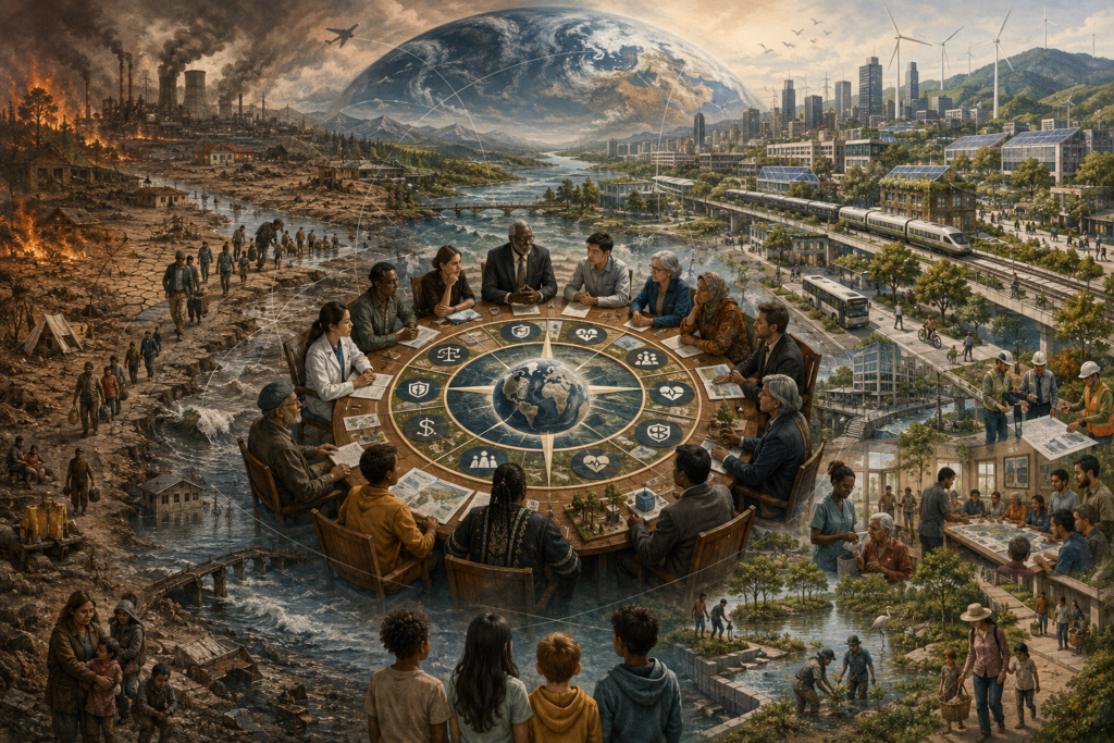 Editorial climate ethics illustration showing a central stewardship forum gathered around a planetary compass, with one side depicting wildfire, fossil industry, flooding, drought, displacement, and damaged infrastructure, and the other showing renewable energy, resilient cities, restoration, public transit, healthcare, community planning, and protection of future generations.
