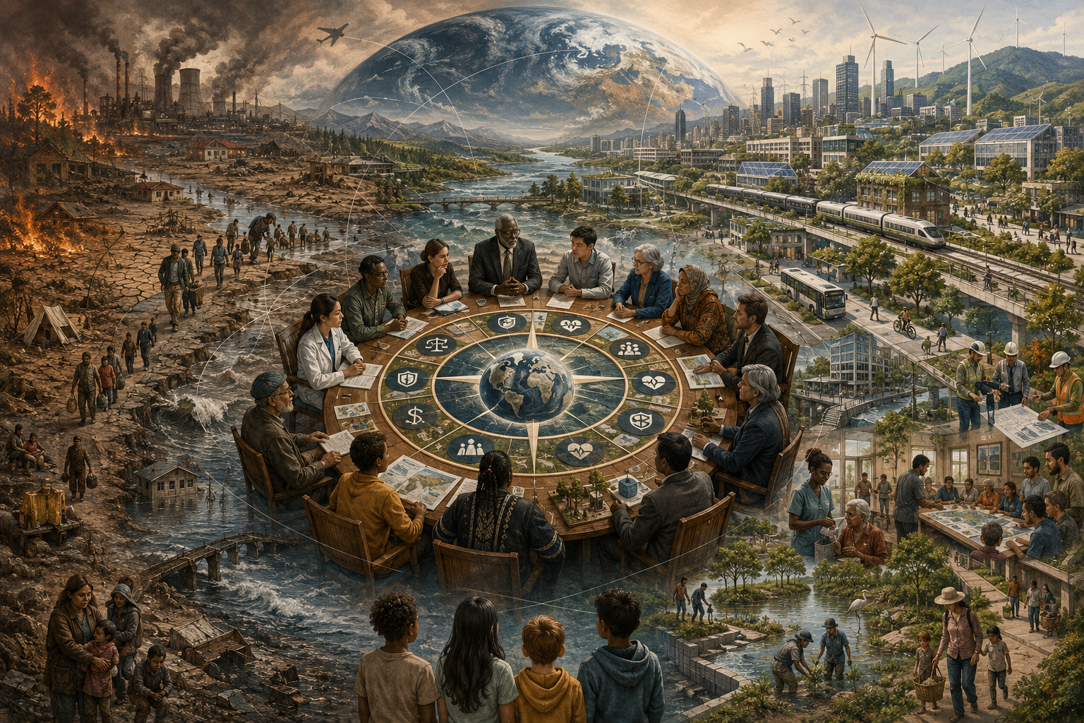 Editorial climate ethics illustration showing a central stewardship forum gathered around a planetary compass, with one side depicting wildfire, fossil industry, flooding, drought, displacement, and damaged infrastructure, and the other showing renewable energy, resilient cities, restoration, public transit, healthcare, community planning, and protection of future generations.