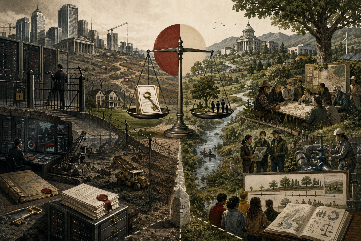 Editorial sustainability illustration showing a balance scale between ownership and stewardship, with fences, contracts, data systems, extraction equipment, public institutions, restored landscapes, community deliberation, water systems, and future generations symbolizing the moral limits of authority.