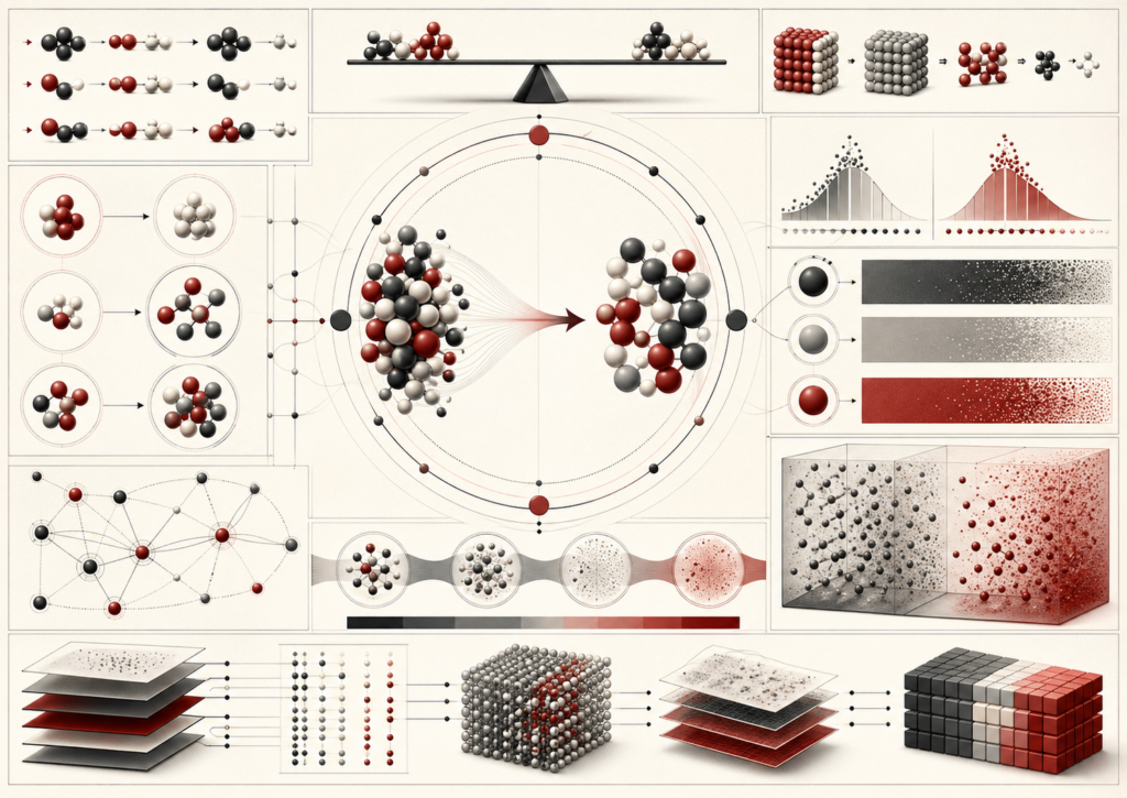 Abstract editorial scientific illustration of stoichiometry, balanced reaction relationships, reactant-product ratios, molecular quantities, process balances, and quantitative chemical workflows in cream, gray, black, and deep red.