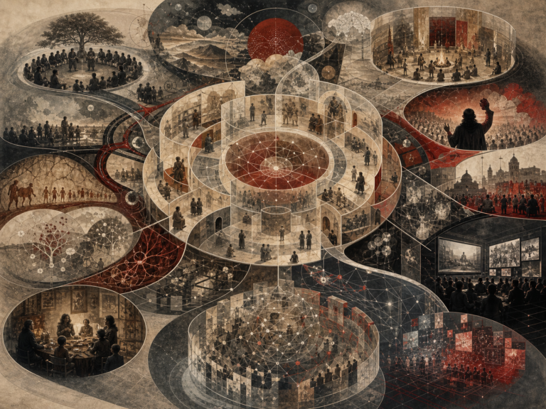 Editorial illustration of storytelling as a narrative systems architecture, showing oral tradition, myth, ritual, folklore, public narrative, memory, character arcs, motifs, symbolic pathways, collective transmission, media adaptation, and the architecture of meaning over time.