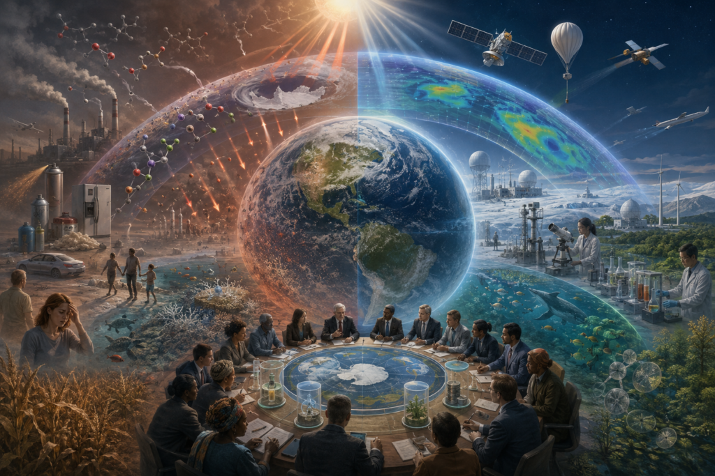 Editorial illustration showing Earth’s ozone layer under stress and recovery, with atmospheric chemistry, ultraviolet radiation, scientific monitoring, and international governance.