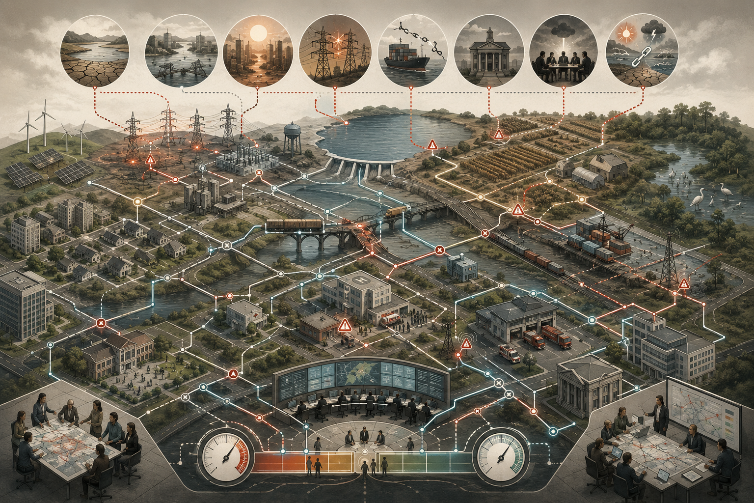 Editorial illustration of interconnected energy, water, food, transport, health, finance, governance, and emergency systems being stress tested under drought, flood, heat, and cascading disruption scenarios.
