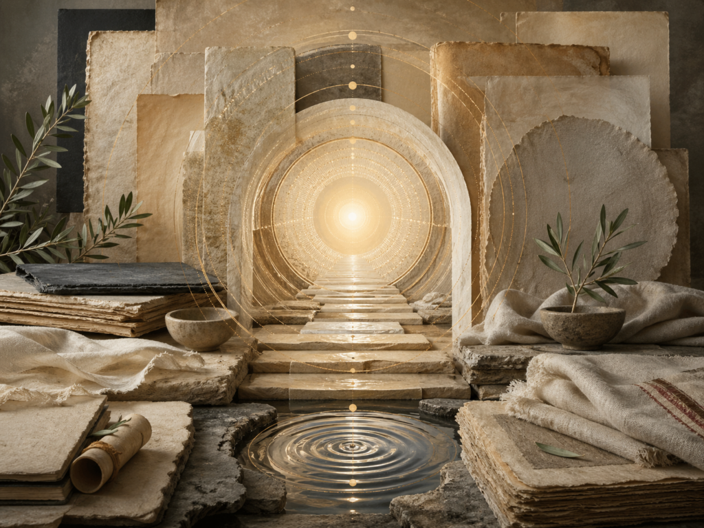 Non-figurative editorial illustration of layered parchment, inward luminous pathways, circular remembrance geometry, water ripples, olive branches, folded linen, stone thresholds, and soft gold illumination representing Sufism, ihsan, and the interior life of Islam.