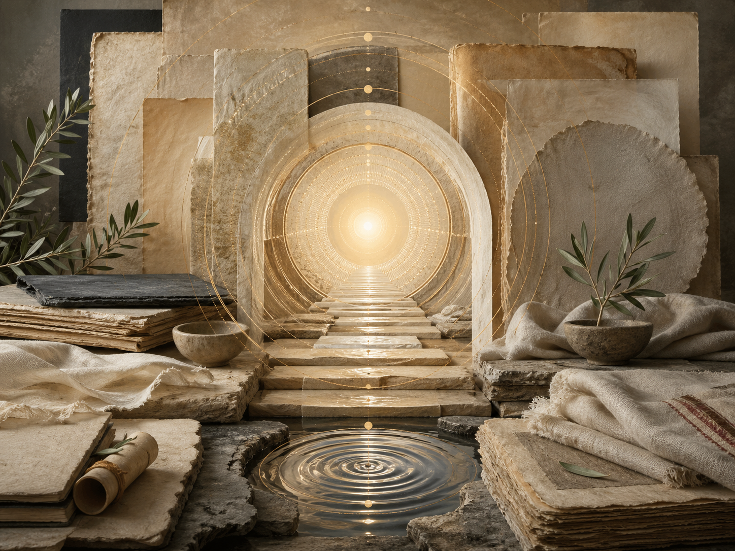 Non-figurative editorial illustration of layered parchment, inward luminous pathways, circular remembrance geometry, water ripples, olive branches, folded linen, stone thresholds, and soft gold illumination representing Sufism, ihsan, and the interior life of Islam.