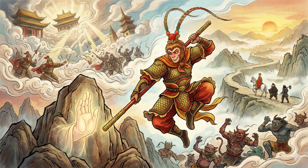 Mythic scene of Sun Wukong leaping through a cloud-filled mountain sky with golden staff and blazing energy, symbolizing rebellion, transformation, and the enduring afterlives of Journey to the West