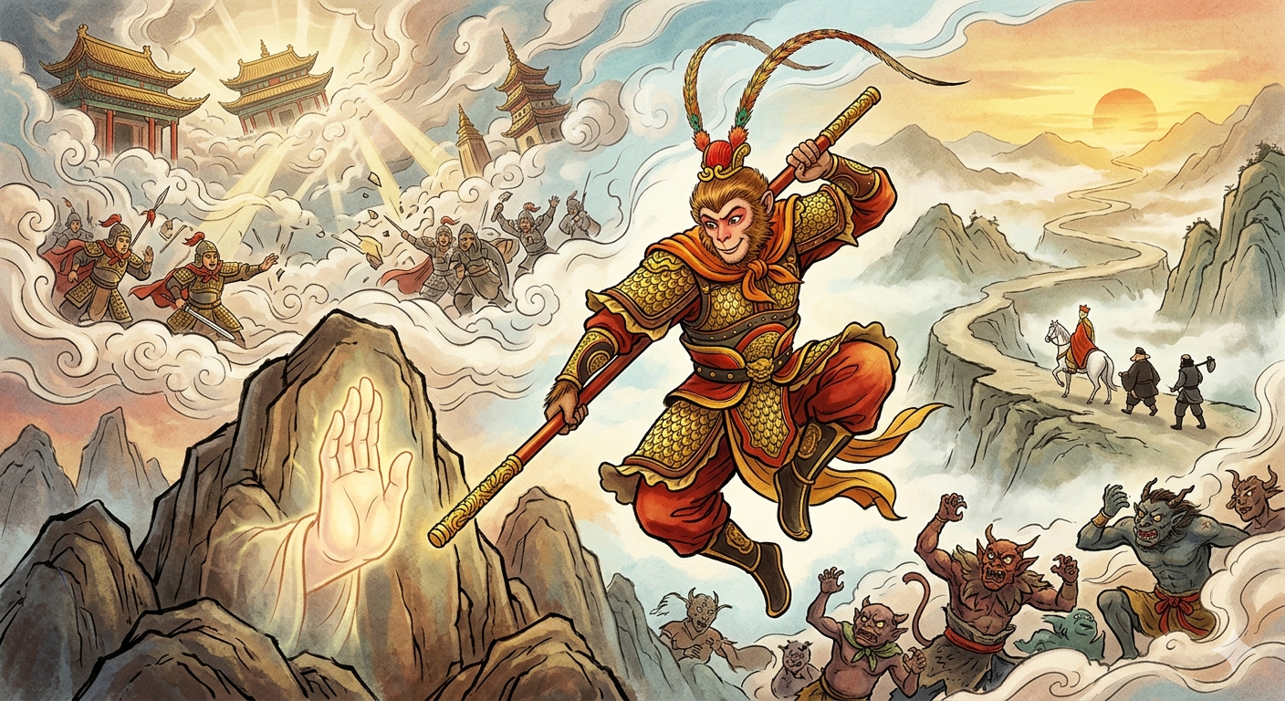 Mythic scene of Sun Wukong leaping through a cloud-filled mountain sky with golden staff and blazing energy, symbolizing rebellion, transformation, and the enduring afterlives of Journey to the West