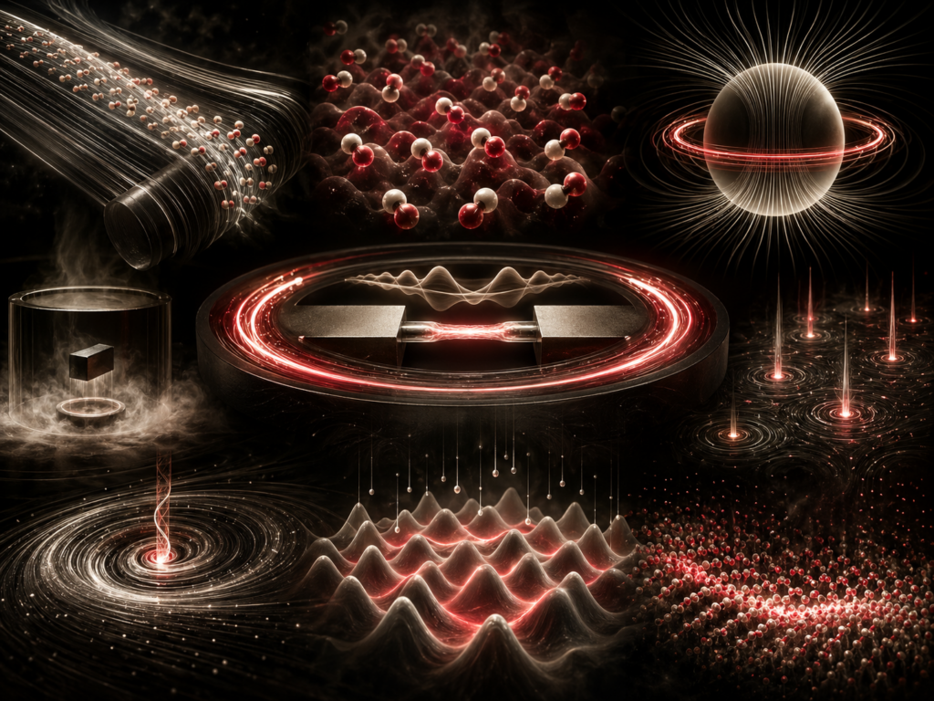 Editorial scientific illustration showing coherent quantum flow, paired-particle condensates, superconducting current loops, magnetic-field expulsion, quantized vortices, superfluid vortex lines, Josephson-junction structures, and many-body quantum order.