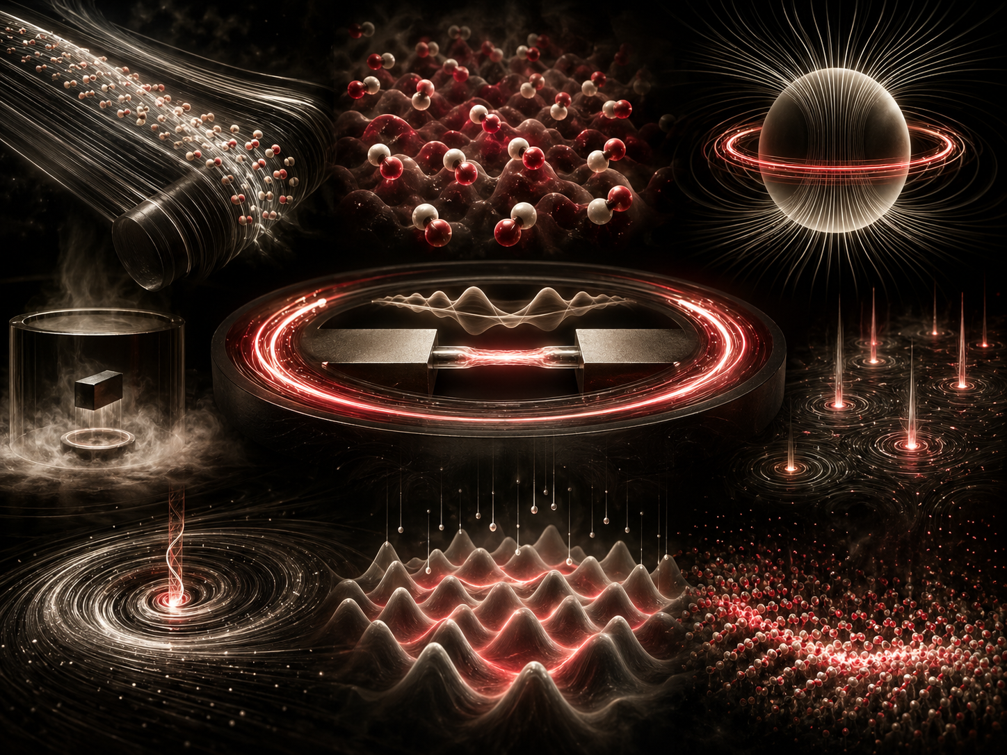 Editorial scientific illustration showing coherent quantum flow, paired-particle condensates, superconducting current loops, magnetic-field expulsion, quantized vortices, superfluid vortex lines, Josephson-junction structures, and many-body quantum order.