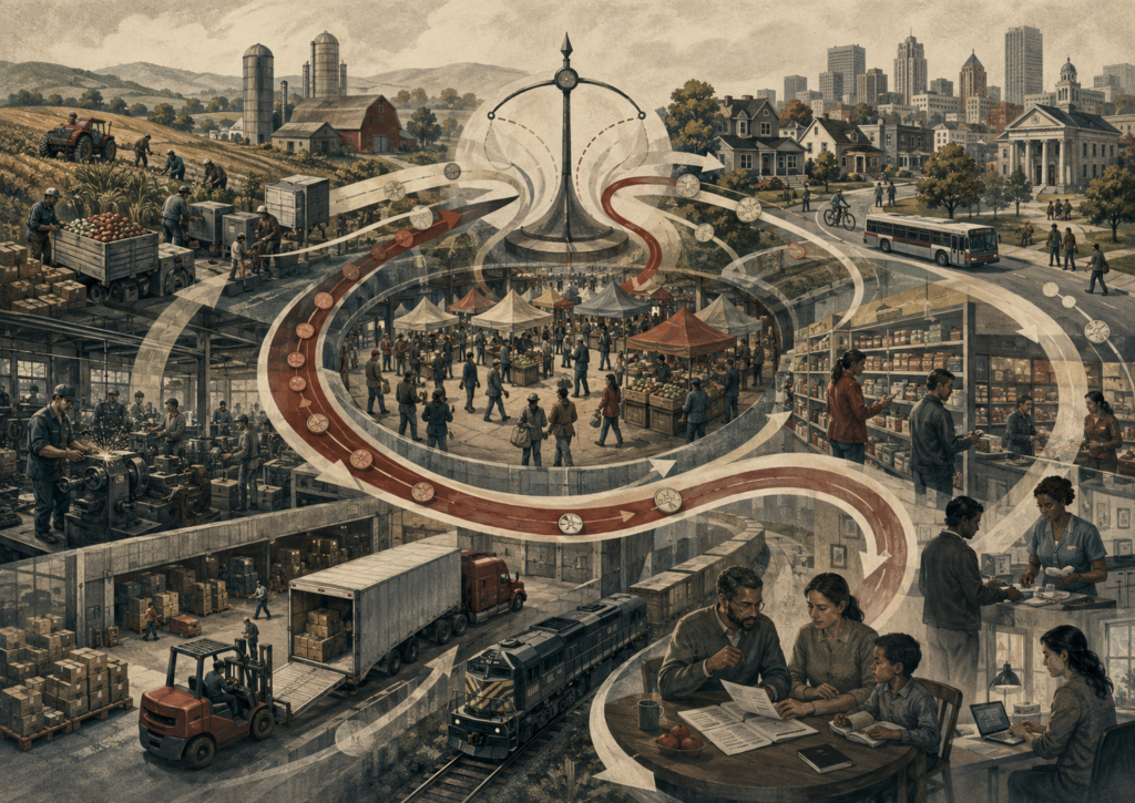 Editorial illustration of farms, factories, warehouses, markets, transport systems, stores, households, and public spaces connected by flowing pathways that symbolize supply, demand, prices, exchange, and economic coordination.