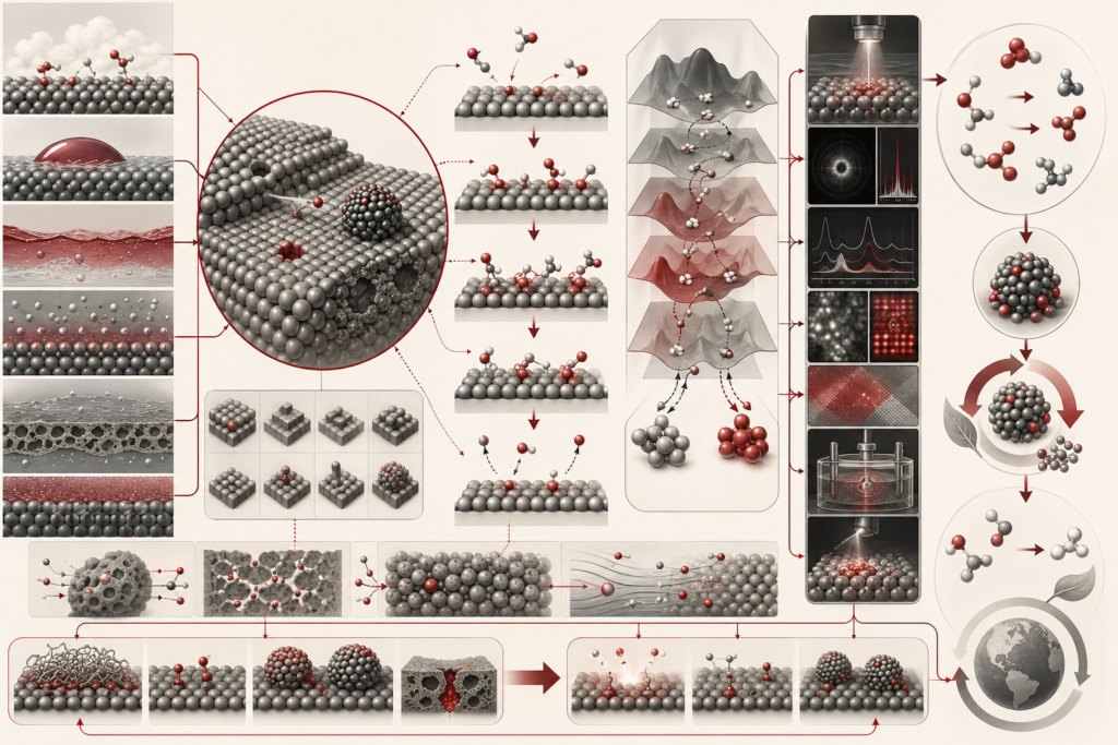 Abstract editorial scientific illustration showing surface chemistry as an interfacial workflow connecting phase boundaries, adsorption, active sites, catalytic pathways, characterization, regeneration, and sustainable chemical transformation.