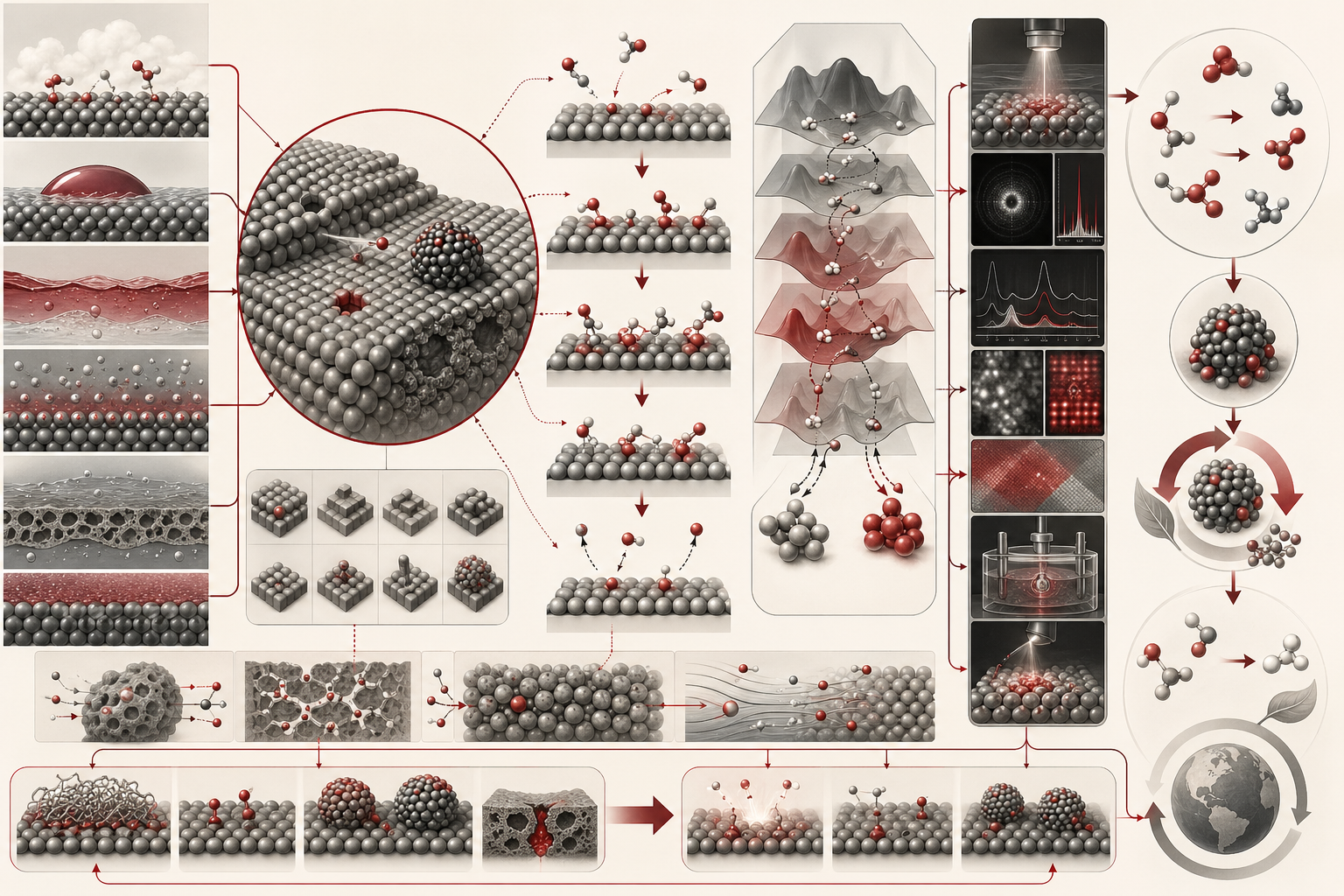 Abstract editorial scientific illustration showing surface chemistry as an interfacial workflow connecting phase boundaries, adsorption, active sites, catalytic pathways, characterization, regeneration, and sustainable chemical transformation.