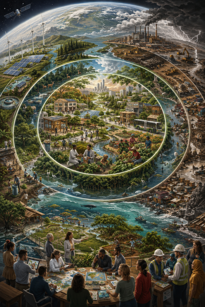 Editorial sustainability illustration showing human development nested within planetary boundaries, with resilient communities, ecosystems, inequality, industrial pressure, and collaborative governance.