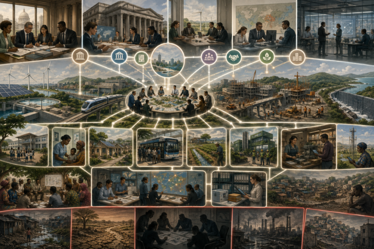 Editorial sustainability illustration showing capital allocation, development banks, public investment, infrastructure, resilience projects, community consultation, and uneven access to sustainable finance.