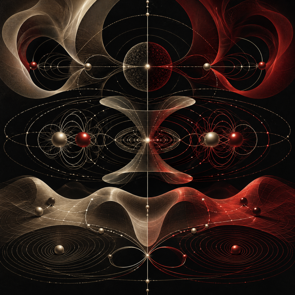 Editorial scientific illustration showing mirrored geometric structures, rotational arcs, conserved orbital pathways, phase-space curves, field-line patterns, and manifold-like surfaces.
