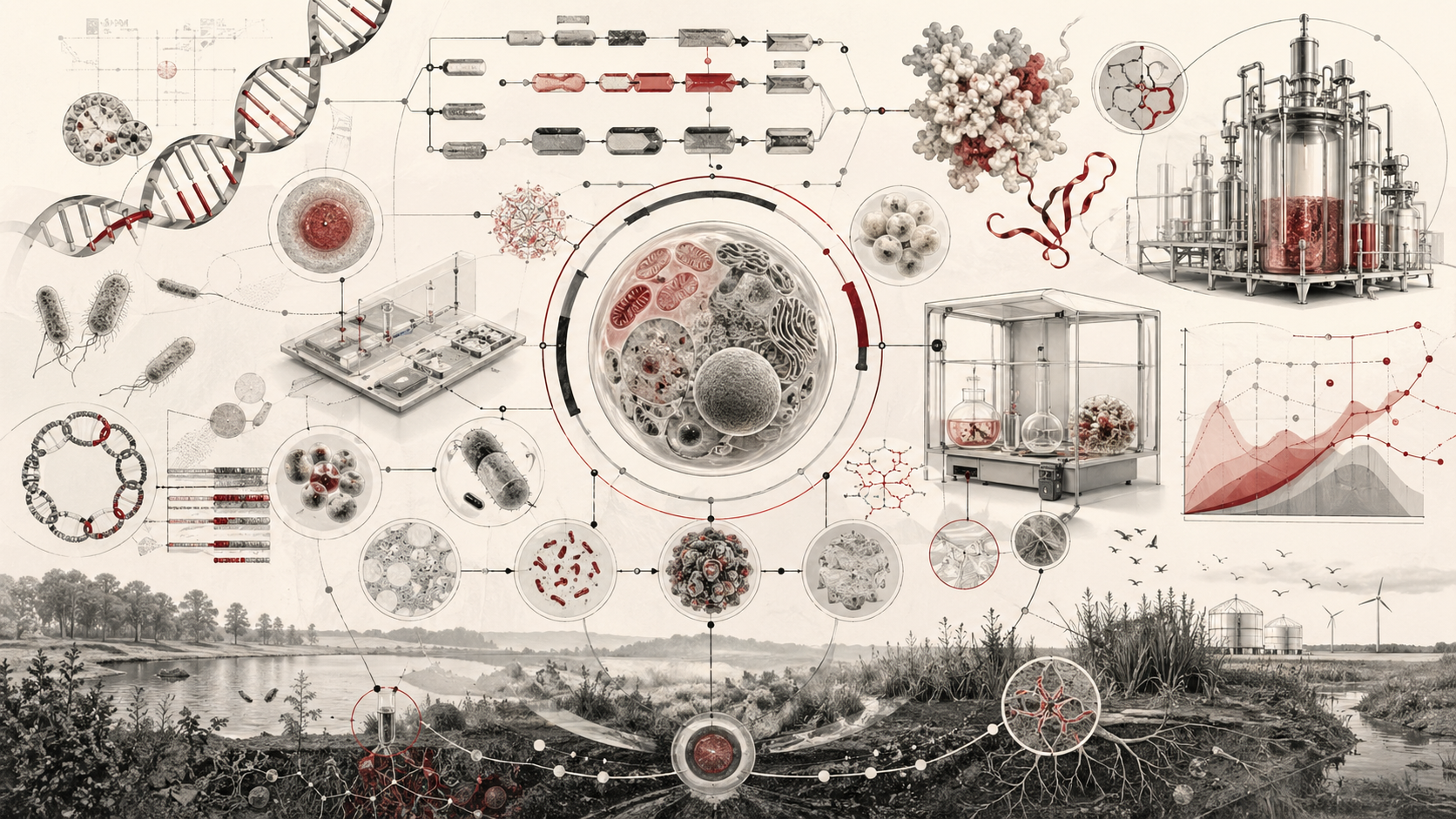 Abstract scientific illustration of synthetic biology showing DNA-like structures, engineered cells, modular genetic circuits, biological parts, chassis organisms, metabolic pathway flows, biosensors, biomanufacturing systems, containment structures, and ecological context without text or labels.