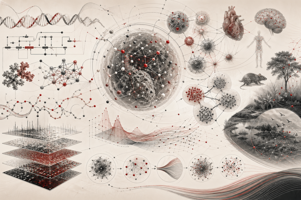 Abstract scientific illustration of systems biology and complexity in living networks showing DNA-like structures, molecular interaction networks, cellular signaling hubs, gene-regulatory circuits, omics data layers, feedback loops, physiological systems, organismal forms, ecological networks, dynamic trajectories, and reproducible workflow pathways without text or labels.
