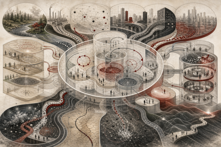 Editorial scientific illustration of systems thinking as a structural reasoning architecture, showing feedback loops, interdependence, delays, stocks and flows, leverage points, resilience, thresholds, policy resistance, sustainability, governance, organizations, and structural change.