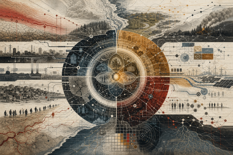 Editorial illustration of risk and resilience shown as a layered systems map with a central resilience core, surrounding infrastructure networks, climate stress patterns, ecological pressures, human movement, and interconnected pathways of failure, adaptation, and recovery.