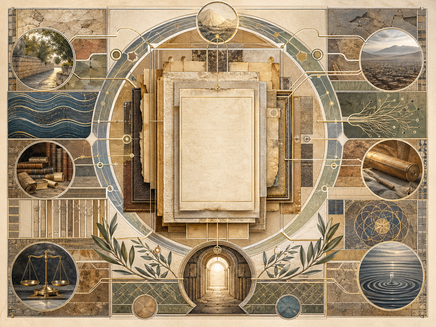 Non-figurative editorial illustration of layered parchment, codex-like manuscript forms, blank commentary panels, circular scholarly geometry, luminous interpretive pathways, archival folios, water ripples, olive branches, and balanced symbolic structures representing tafsir and the sciences of Qur’anic interpretation.