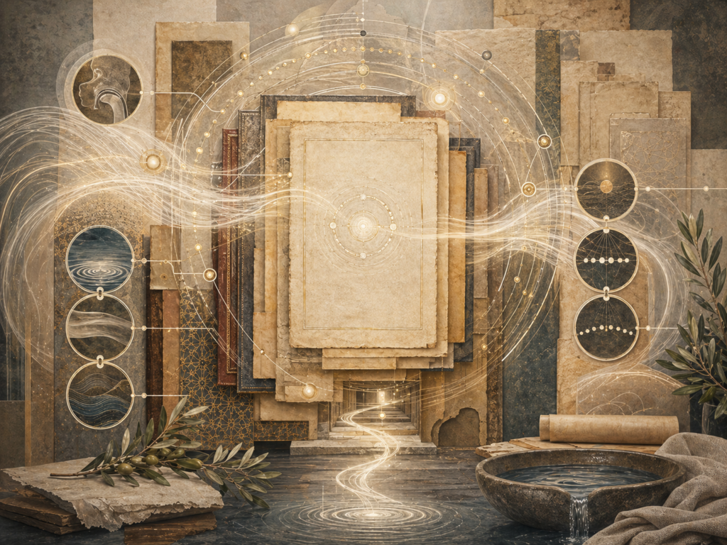 Non-figurative editorial illustration of layered parchment, blank manuscript forms, luminous breath-like sound pathways, circular transmission geometry, water basin, olive branches, archival folios, and soft gold illumination representing tajwīd, Qur’anic recitation, and the oral life of revelation.