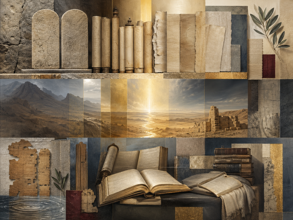 Non-figurative editorial illustration of layered parchment, scrolls, codex forms, stone tablets, desert landscape, ruins, water, olive leaves, and soft illumination representing the Tanakh as Jewish sacred scripture.