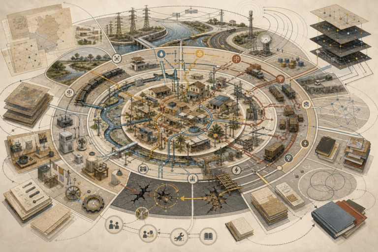Editorial anthropological illustration showing an abstract sociotechnical systems map with roads, water networks, power grids, communication towers, logistics routes, household devices, repair zones, breakdown layers, access pathways, and research documents.