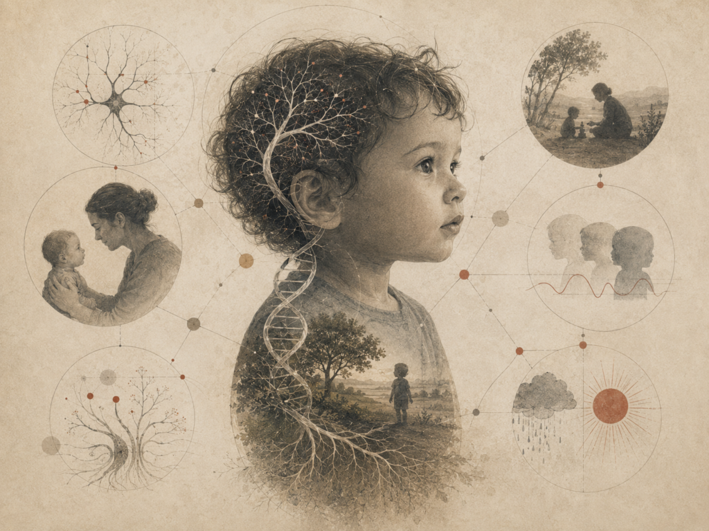 Restrained institutional illustration of a young child surrounded by DNA, neural branching, caregiver interaction, environmental symbols, and developmental diagrams representing temperament and early personality foundations.